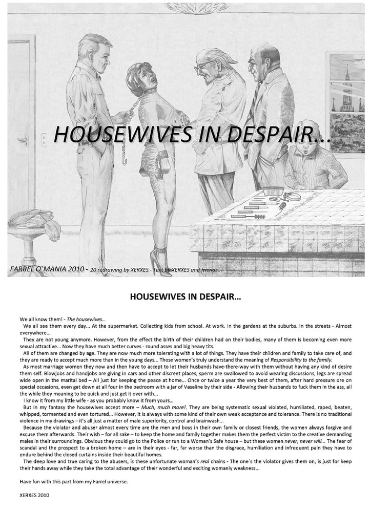 Joseph Farrel re-drawing with text "Housewives in despair 1" page 1 full