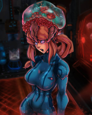 Samus Aran and a Metroid cover
